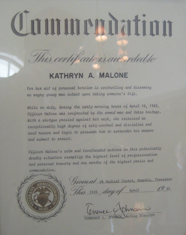 Veterans Administration Commendation awarded to Kathie Maline ('68) in 1980.